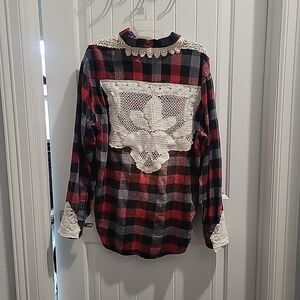 Vtg Distressed Bleached Flannel Shirt Lace Decor OOAK patchwork Upcycled Plaid L